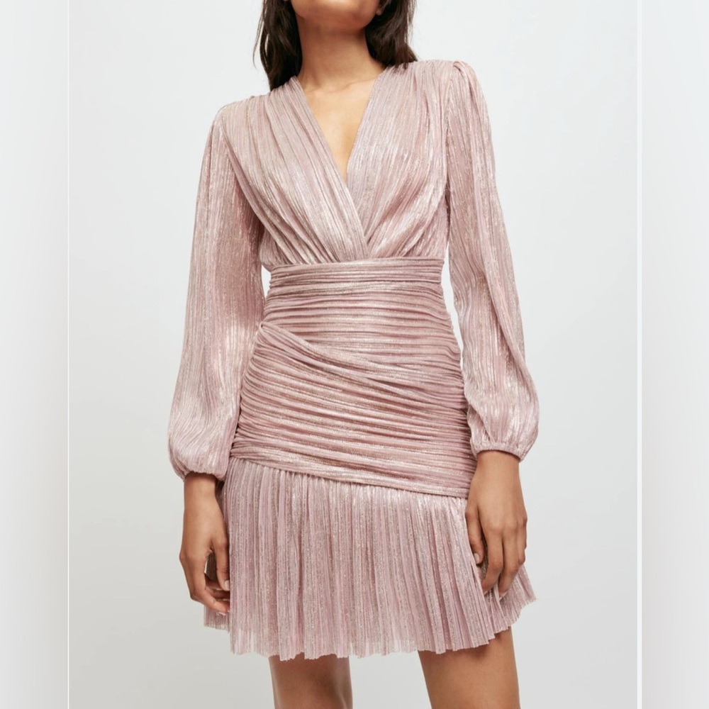Maje Modern Rose Pink, Gold Metallic Faux Wrap V-Neck draped Mini Dress Size 8